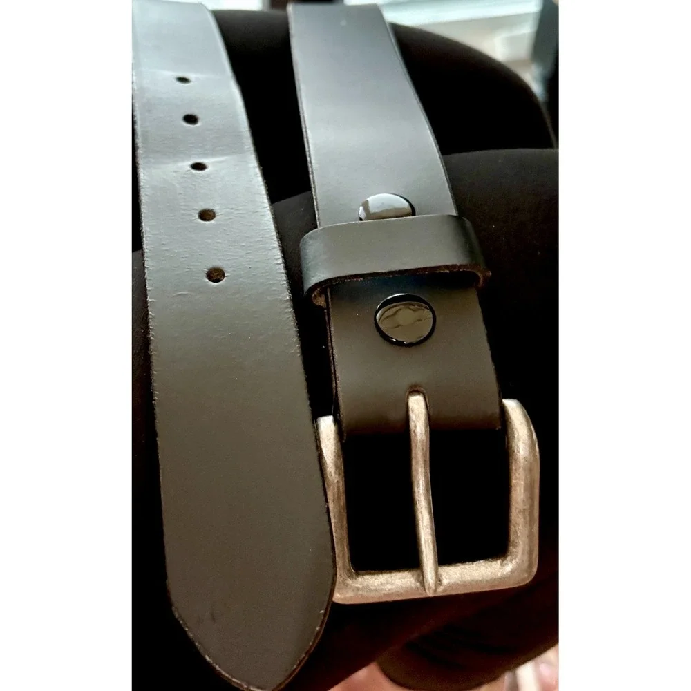 Men's Black Leather Casual Belt Size 46 Distressed Silver Buckle Jeans Work